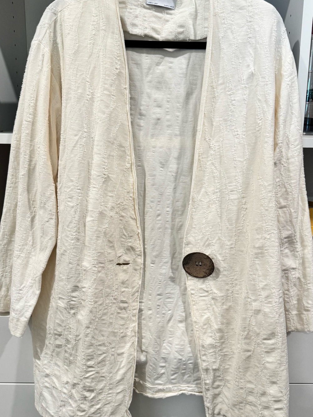 Zara Cream Textured Open Blazer with Brown Decorative Button